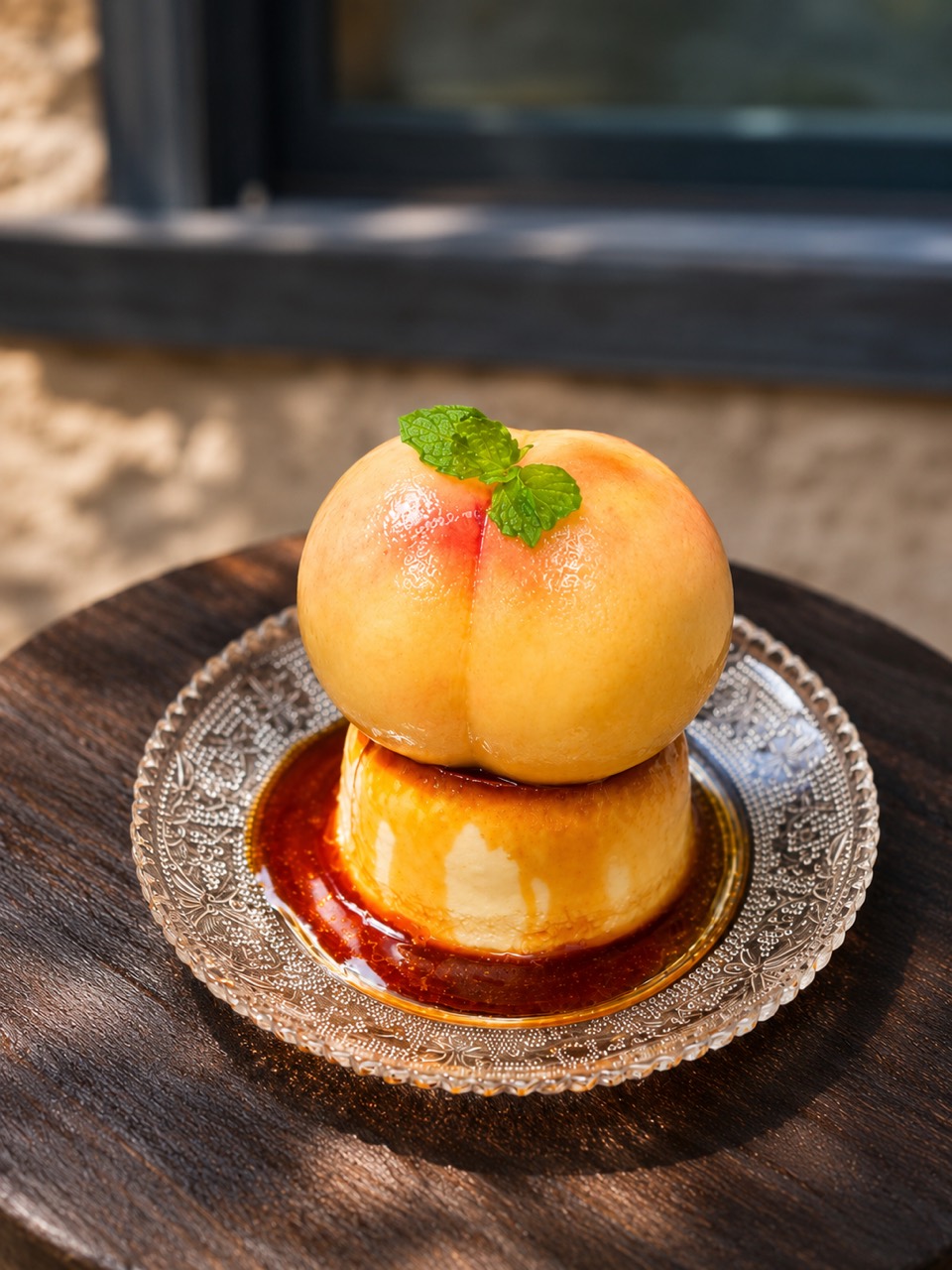 Whole peach served on homemade custard pudding